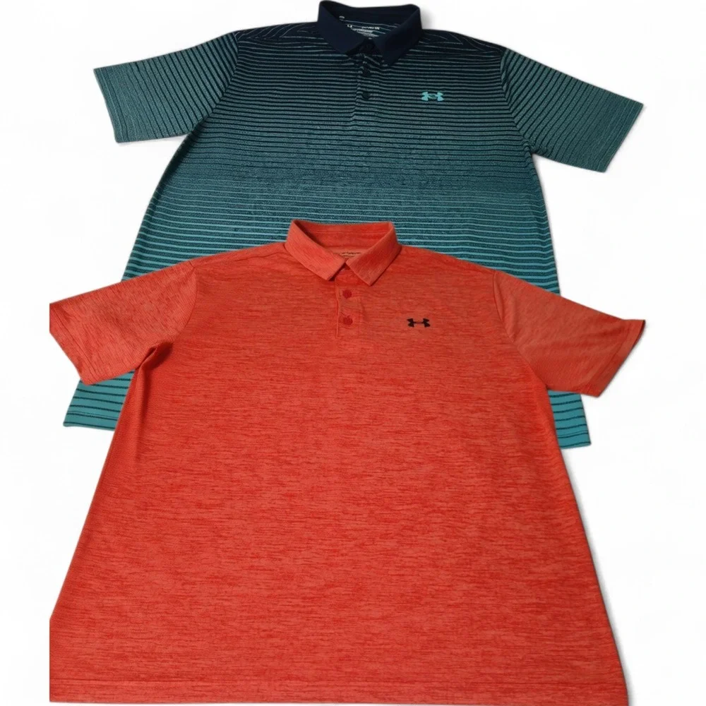 Under Armour Playoff Polo Shirt‎ Mens XL Orange Teal Striped HeatGear Lot 2pc